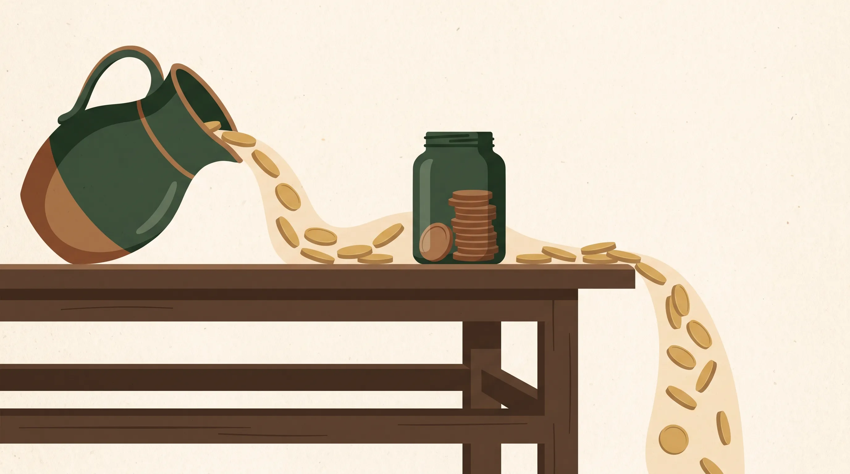 Coins pouring across a table with most sliding off the edge and a small stack saved in a jar