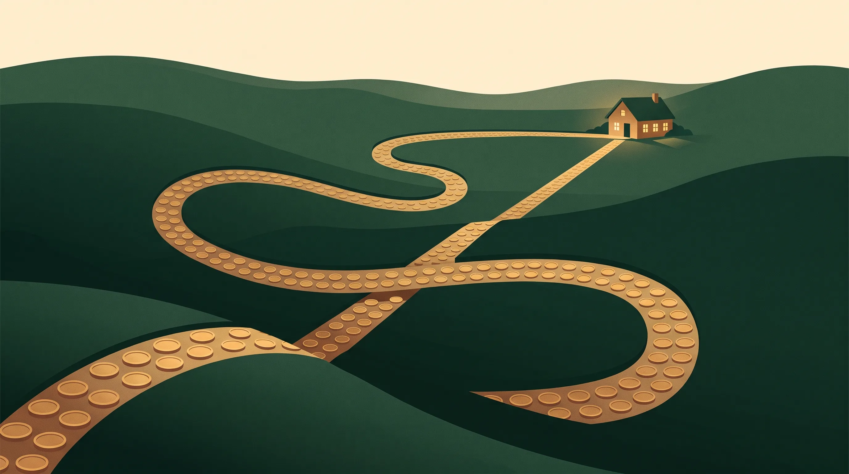A winding road of coins toward a house, with a straight shortcut path arriving sooner