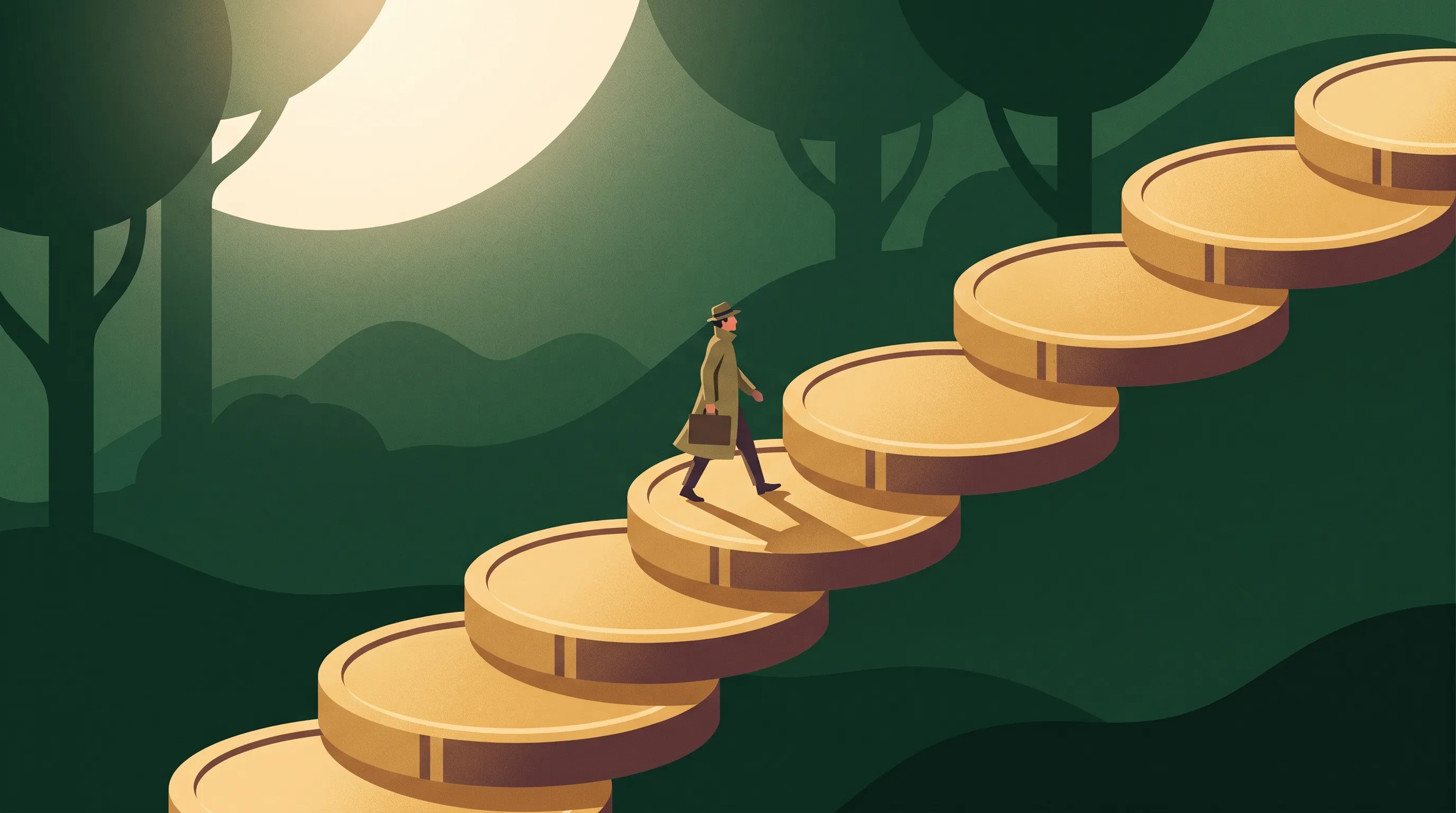 Illustration of a person climbing a staircase of coins
