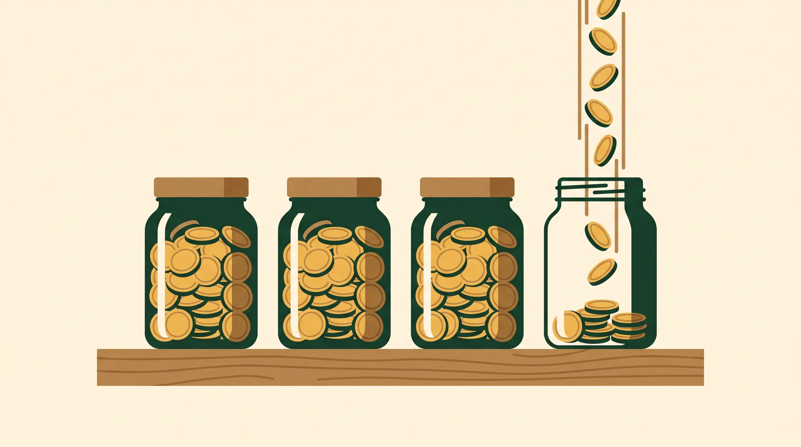 Coins pouring only into the last, partly filled jar while the full jars sit sealed